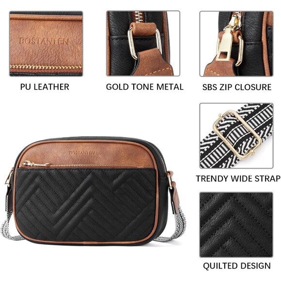 Bostanten Women Black Brown PU leather Quilted Crossbody Bags With Wide Strap - Picture 4 of 7